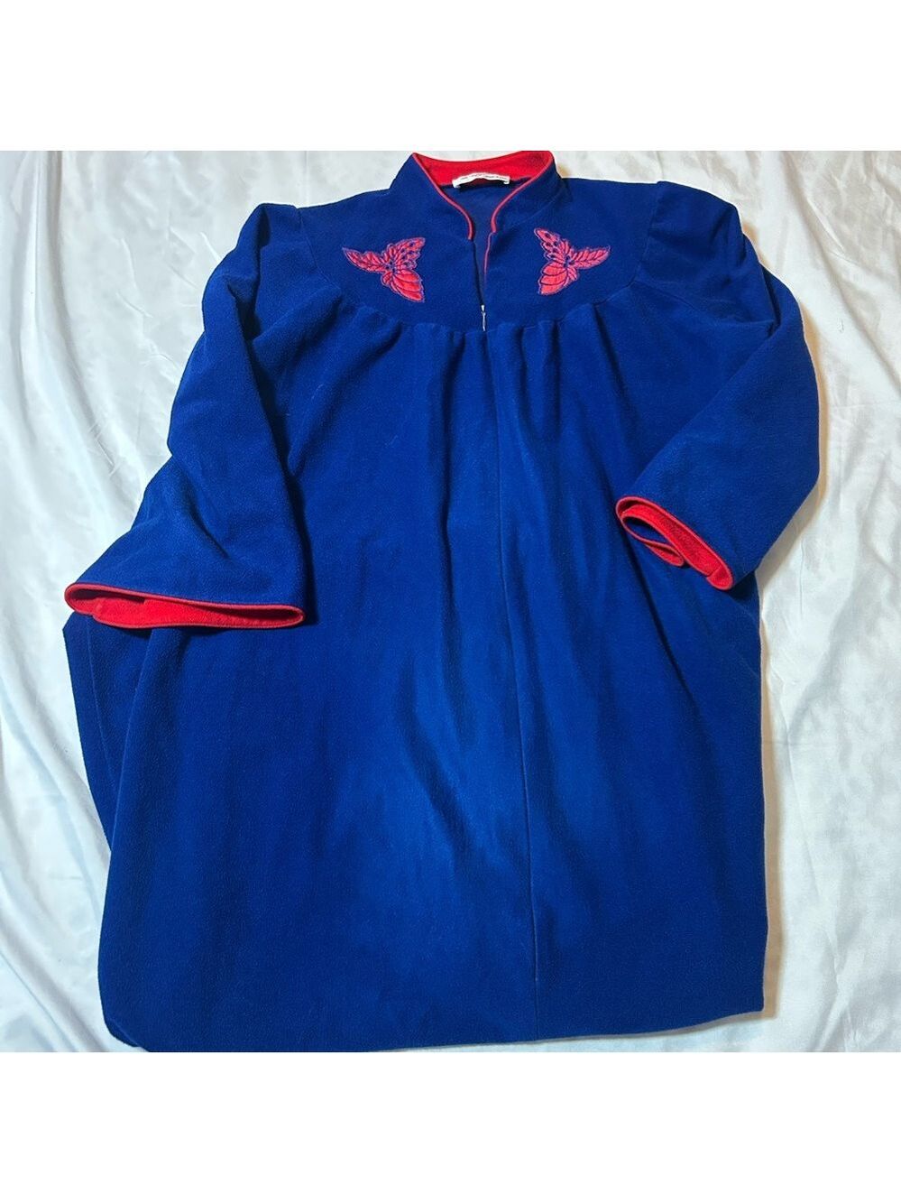 Vtg VASSARETTE Plush Half Zip House Robe Sz L Blue Red Pockets Made In USA